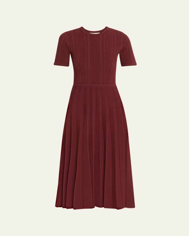 Fisherman-Knit Short-Sleeve Pleated Midi Dress